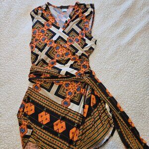 VENUS Boho Orange & Black Geometric Wrap Front Blouse - Large